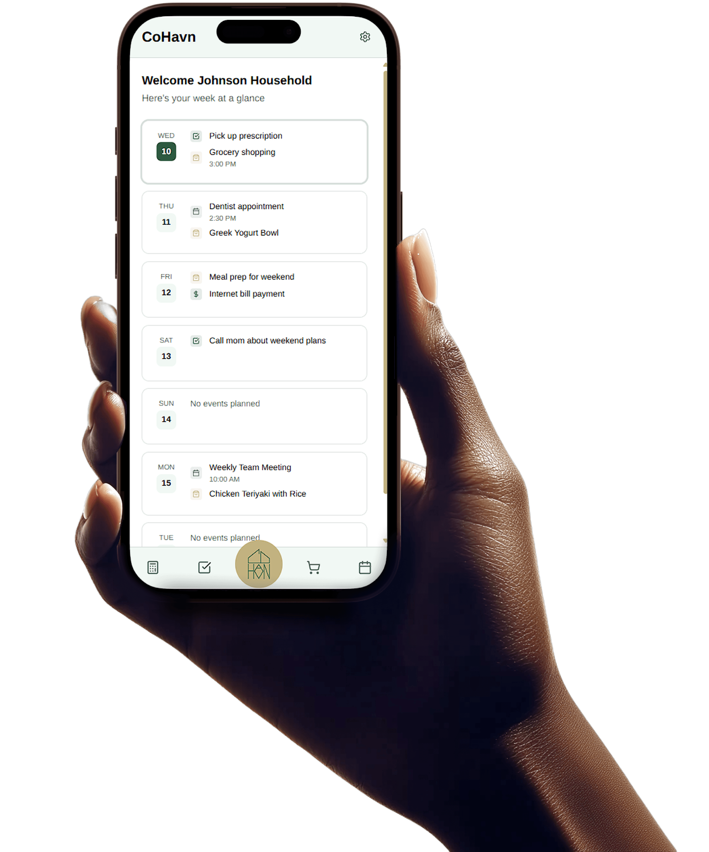CoHavn weekly household dashboard shown on an iPhone